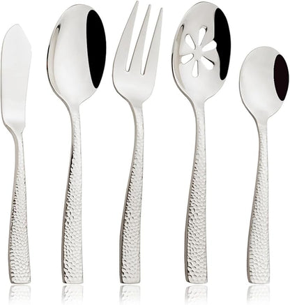 JASHII 5-Piece Silver Hammered Flatware Hostess Set Stainless Steel Serving Fork Slotted Serving Spoon Butter Knife Teaspoon Set for Buffet Party Mirror Polished Dishwasher Safe