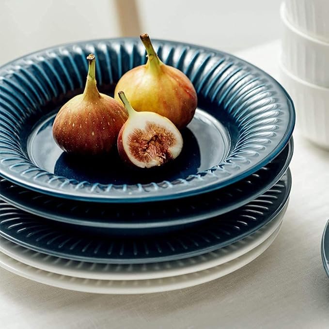 26pcs Dinnerware Sets for 5, Ceramics Dinner Set, Tableware Set in French Style, Blue White Stripe Plates and Bowls Set