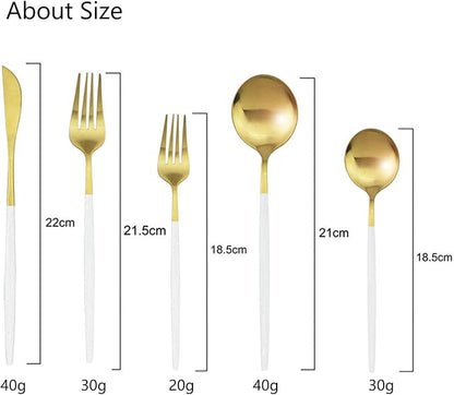 Gold Silverware Set JASHII 40 Pieces Matte Flatware Set 304 Stainless Steel Flat Cutlery Set for 8 White Handle Forks Knife Spoons Set, Satin Finish Tableware Set for Home Restaurant Dishwasher Safe