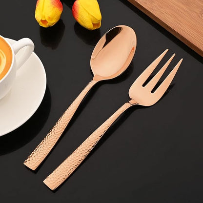 JASHII 5-Piece Rose Gold Hammered Flatware Hostess Set Stainless Steel Serving Fork Slotted Serving Spoon Butter Knife Teaspoon Set for Buffet Party Mirror Polished Dishwasher Safe