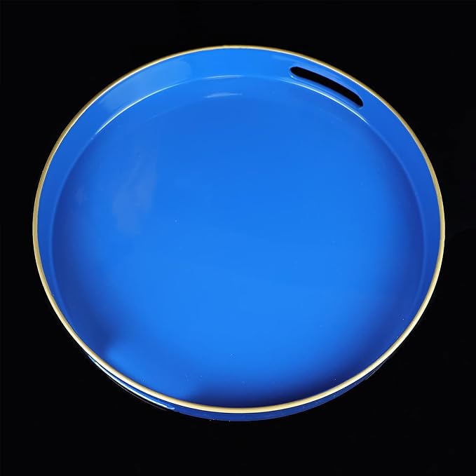 Blue Round Decorative Tray with Handles, 13" Elegant Coffee Table Serving Tray for Ottoman Living Room, Bathroom, Outdoors, Breakfast
