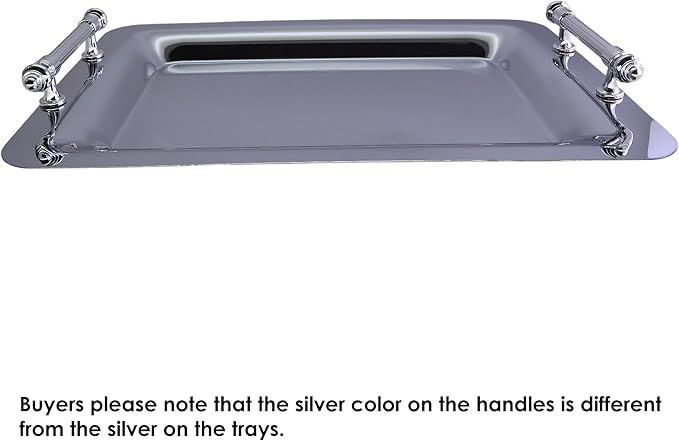 (Pack of 2) 15.7 Inch x 11.2 Inch Oblong Chrome Plated Serving Tray with Handles Simple Plain Line Stripe Engraved Wedding Dessert Snack Decorative Decor Platter Plate Dish Base CC-404