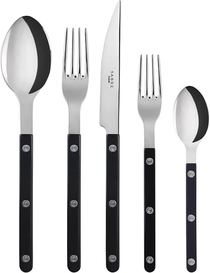 SABRE PARIS - 5-Piece Flatware Set - Bistrot Collection - Knife, Fork, Soup Spoon, Teaspoon & Dessert Fork - Stainless Steel & Nylon - Dishwasher Safe - Black - Brilliant Finish