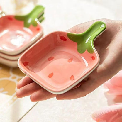 esowemsn 4PCS Pink Fruit Pattern Sauce Dish Ceramic Strawberry Pattern Appetizer Serving Plate with Handle Cute Sushi Dipping Bowl for Home Kitchen Restaurant Oil,Vinegar,Ketchup,Salt,Sushi Appetizer