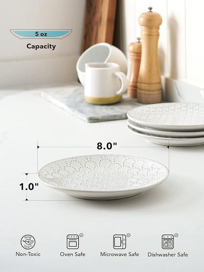 LE TAUCI Ceramic Salad Plates Set of 4, 8 Inch Embossed Dessert Plates for Appetizer and Small Dinner, Modern White Ceramic Plates for Kitchen, Microwave and Dishwasher Safe - Arctic White