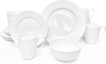 Dinnerware, 16 Piece Set Bone China, Service for 4, White Embossed stripe Dishes, Microwave Safe, Chip Resistant, Dishware, For Formal Casual and Everyday Living, Plates and Bowls Set