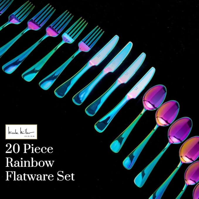Nicole Miller 20-Piece Rainbow Flatware Set - Modern Stainles Steel Kitchen Utensils For A Stylish Dining, Service for 4