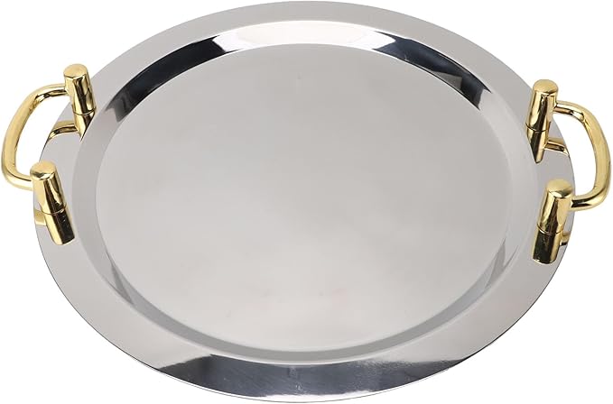 Stainless Steel Serving Plate, Elegant Mirror Finish Serving Tray Reusable Unbreakable Modern Kitchen Plates Golden with Handle for Hotel Restaurant Banquet (Round (Diameter 16.9in))