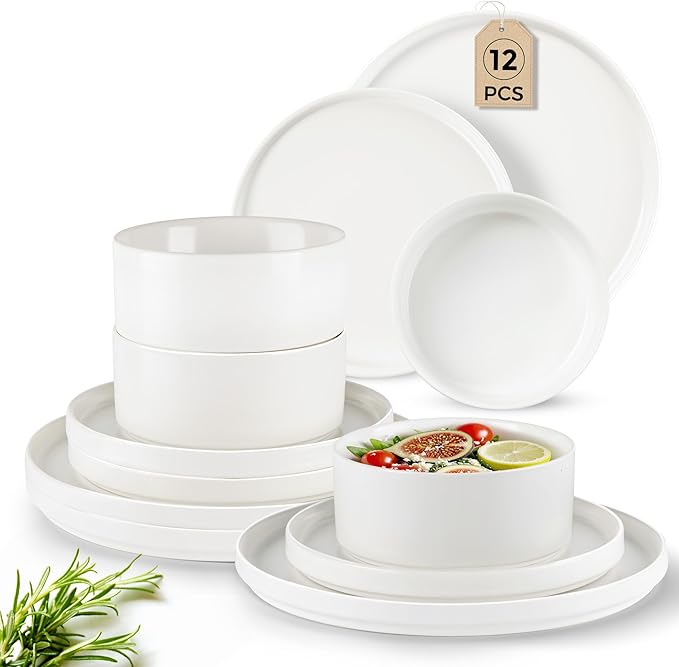 GBHOME Ceramic Dinnerware Sets of 4,Stoneware Plates and Bowls Sets,Chip and Crack Resistant | Dishwasher & Microwave Safe Dishes Set,Scratch Resistant- Service for 4 (12pc)-Matte White