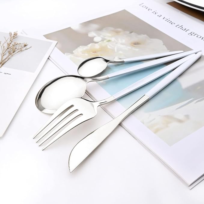 40 Pcs Silverware Set With Teaspoon For 10, Food Grade Stainless Steel Utensils Tableware Set, Elegant & Simple Flatware Serving Set Include Knife Fork Spoon, Mirror (White Silver)