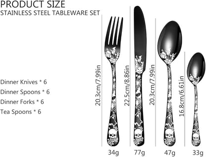 XIAOYU 24-Piece Halloween Themed Skull Silverware Set, Gothic Skull Pattern Design, Stainless Steel Flatware Set Serving for 6, Knives Forks Spoons Cutlery Daily Halloween Party Event, Gold