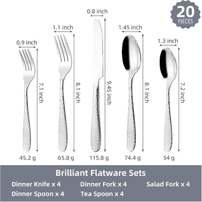 Hammered Silverware Set, CITESANA 20-Piece Heavy Duty Mirror Polished Stainless Steel Flatware Set Cutlery Set Flatware Service for 4