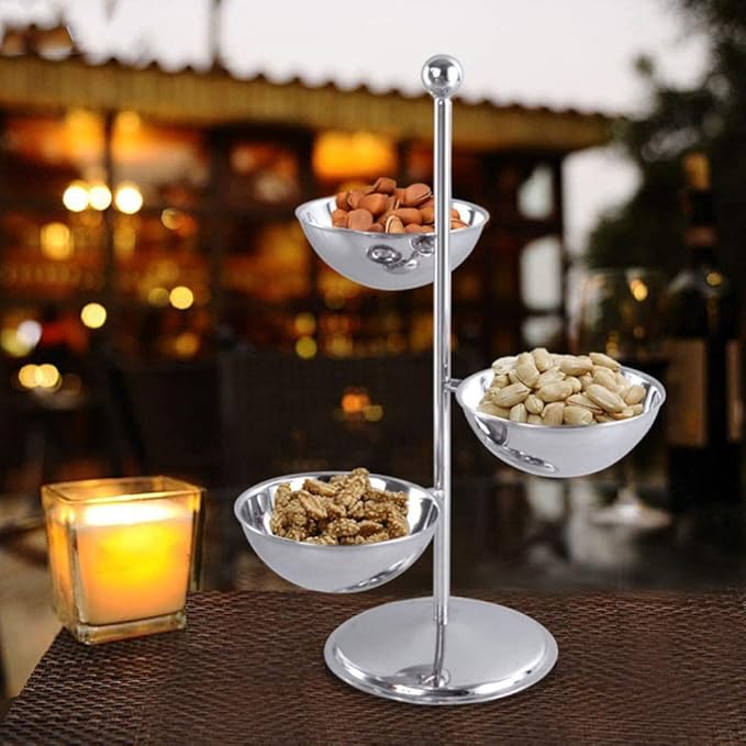 Stainless Steel Modern Round Multi-Tiered Serving Tray, 3 Tiers, Suitable for Dessert, Fruit, Snack, Appetizers, Dishwasher Safe, Silver