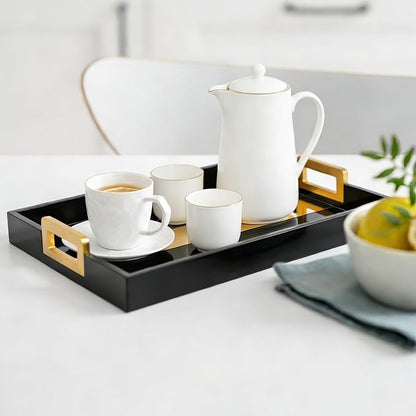 Black Coffee Table Tray, Rustic Wood - 17'' Decorative Serving Tray with Gold Handles for Coffee Table Decor & Ottoman Use Rectangle for Home Decor
