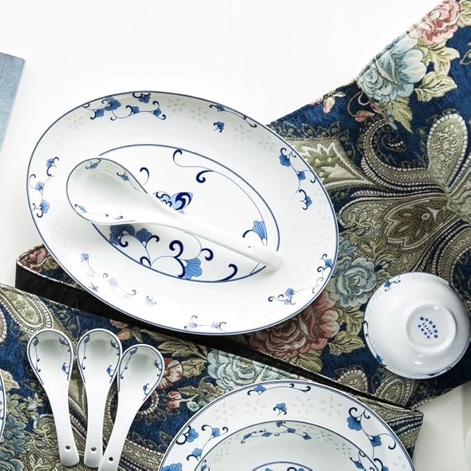 56Pcs Blue and White Porcelain Glazed Ceramic Dinnerware Sets Chinese Style Plates Bowls Tableware Set for Home Use and Housewarming Gifts,
