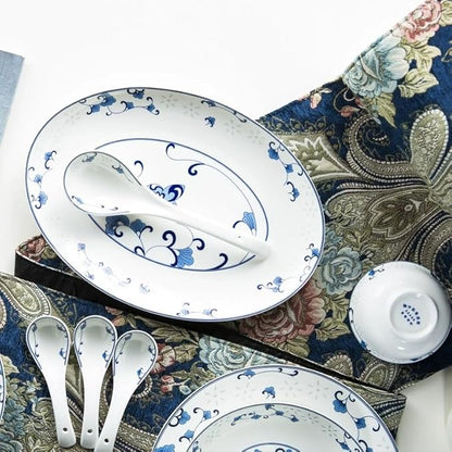 56Pcs Blue and White Porcelain Glazed Ceramic Dinnerware Sets Chinese Style Plates Bowls Tableware Set for Home Use and Housewarming Gifts,
