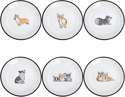 Cute Cartoon Animals Pattern Ceramic Sauce Dishes, Seasoning Dishes, Sushi Soy Dipping Bowls, Appetizer Plates, Dessert Plates, Little Cat Bird Feeding Bowls, Set of 6-Corgi-A-5 Inch
