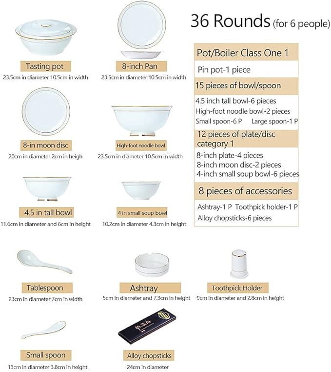 AB-Grade Porcelain Plate and Bowl Set,36PCS Ceramic Dinnerware Set Tableware Dishes Plates Ceramic Combination Dinner Service Set Porcelaine Service for 6, White with Gold Edge Luxury Tableware S