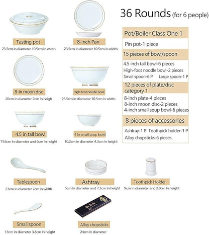 AB-Grade Porcelain Plate and Bowl Set,36PCS Ceramic Dinnerware Set Tableware Dishes Plates Ceramic Combination Dinner Service Set Porcelaine Service for 6, White with Gold Edge Luxury Tableware S