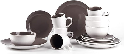 Stoneware Coupe Shape 16pc Dinnerware Set, Outside White + InsideTaupe