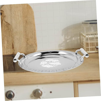 DECHOUS Floral Pattern Serving Tray Silver Snack Storage Holder for Candy Dessert Fruit Multipurpose Stainless Steel and Plastic Plate for Use