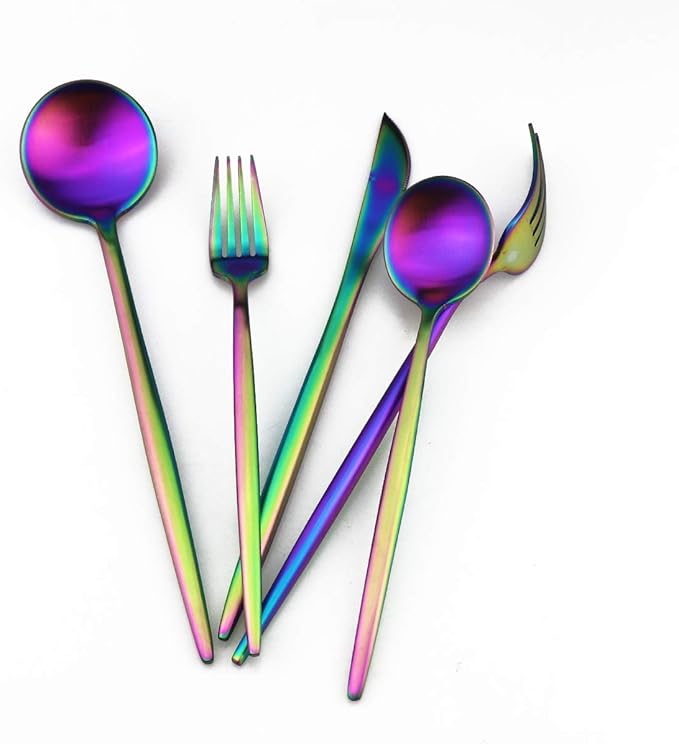 Matte Rainbow Silverware, Gugrida 5-Piece 18/10 Stainless Steel Flatware Set, Satin Finish Kitchen Utensils, Tableware Travel Cutlery for Camping, Office or School Lunch, Dishwasher Safe