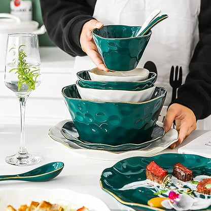 Dinner Set, Special Restaurant Dinnerware Set, 52 Pcs Dinnerware Sets, Tableware Set with Plates Dish and Bowls, Green White Ceramic Dinner Set with Gold,