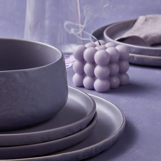 Stone by Mercer Project SHOSAI 32-Piece Stoneware Dinnerware Set, Plates and Bowls Set, Modern Dishware set fo 8, Lavender
