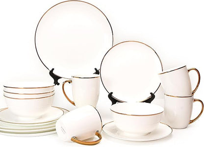 Bone China Dinnerware Set for 4, 16 Pc Round Dinner Set with Mugs - Porcelain and Microwave Safe - KOKEN