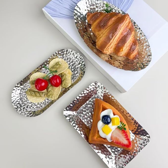 Mini Serving Platter Stainless Steel Serving Tray Hammered Oval 6.9 x 3.1 Inch Small Dessert Plates Coffee Table Tray Decorative Plates for Kitchen Party Silver