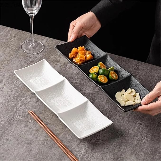 Appetizer Plates Matte Ceramic Seasoning Dish Soy Sauce Vinegar Dish Dessert Plate Sushi Plate 3 Grids Snack Plate for Condiment(Black,Large)