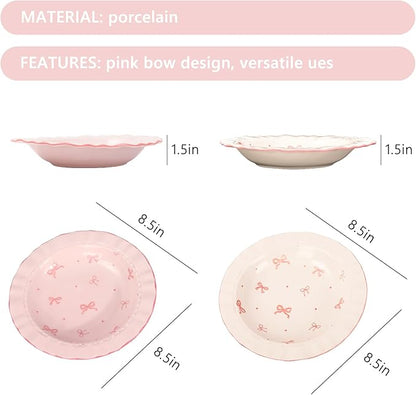 JarThenaAMCS 2Pcs Pink Bow Ceramic Dish White Pink Bow Tie Dinner Plates Cute Coquette Salad Appetizer Plates for Holding Necklaces Earrings Bracelets Decorative Plate Home Restaurant Table Decor