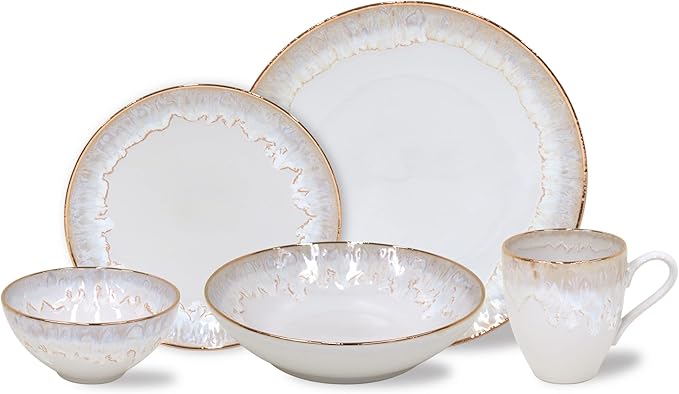 Casafina Ceramic Stoneware 5-Piece Place Setting Service for 1 - Taormina Collection, White & Gold | Hand-Painted 18-Karat Gold Rim Dinnerware | Food Safe Glazing | Restaurant Quality Tableware