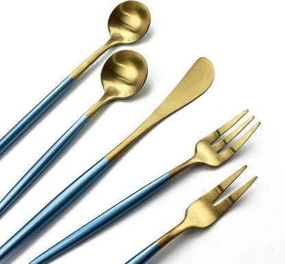Gugrida Blue Handle Gold Flatware Set, Royal 5 Pieces Matte Blue Handle 18/10 Stainless Steel Long Handle Spoon 7.87", Camping Cutlery Silverware Travel Utensils Set Tableware