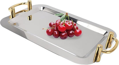 Stainless Steel Serving Plate, Elegant Mirror Finish Serving Tray Reusable Unbreakable Modern Kitchen Plates Golden with Handle for Hotel Restaurant Banquet (Rectangular (Length 16.9in))