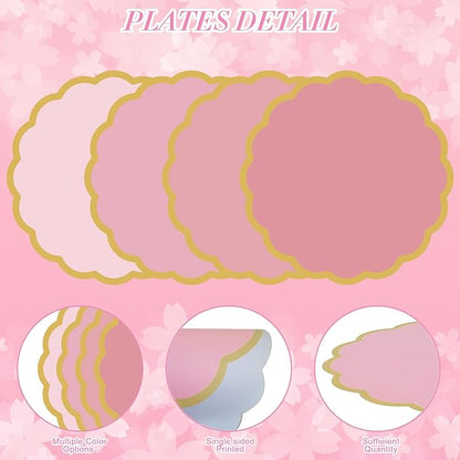 100 Pcs Pink Paper Placemats 13.5 Inch Disposable Scalloped Colorful Pastel Round Table Place Mats with Gold Edges, Decorative Colors Mats for Birthday Wedding Bridal Shower Banquet Tea Party