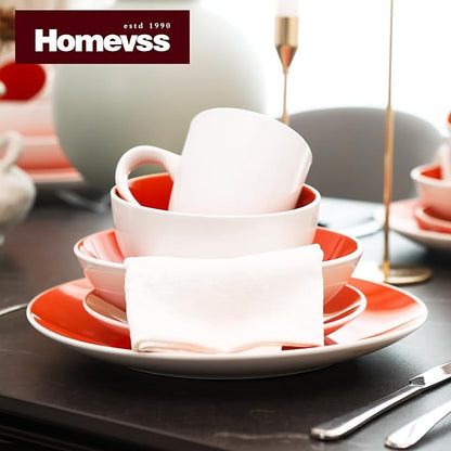 Stoneware Coupe Shape 12pc Dinnerware Set, Outside White + Inside Coral