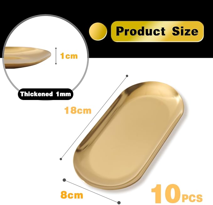 10 Pack Stainless Steel Decorative Tray,Thicken Gold Decorative Tray 7 inch,Oval Jewelry Dish Bathroom Vanity Tray Small Serving Tray Candle Holder Stainless Steel Cosmetics Tray Perfume Tray