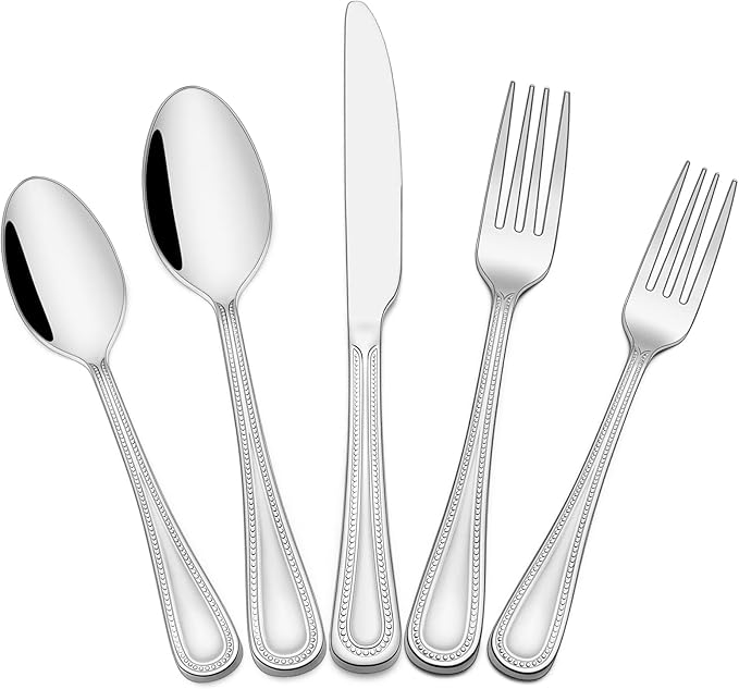 40 Pieces Silverware Set, Pearled Edge Silverware Cutlery Set Service for 8, Premium Stainless Steel Flatware Set, Knife Fork Spoon Tableware Set for Home, Restaurant, hotel, Dishwasher Safe