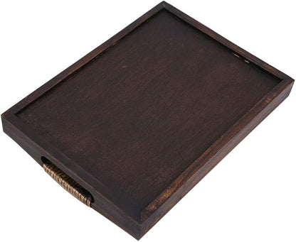 Woven Rattan Rectangle Serving Tray, 9 in Hand Woven Rattan Serving Tray Hand-Made with Raised Handles and Wood on All Sides Decorative for Dining Coffee Table Tea Party
