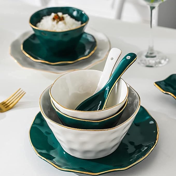 Dinner Set for Family Party, Hotel Restaurant, 52 Pcs Dinnerware Sets, Nordic Style Tableware Set with Plates Dish and Bowls, Green White Ceramic Dinner Set with Gold