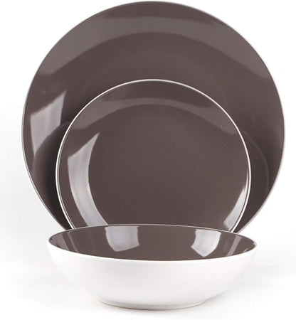 Stoneware Coupe Shape 12pc Dinnerware Set, Outside White + Inside Taupe