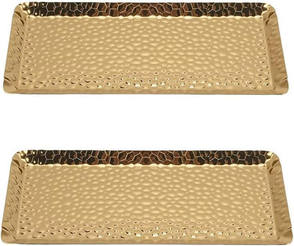 2 Pcs Decorative Tray Stainless Steel Serving Trays Hammered Rectangular 9.8 x 4.3 Inch Dessert Plates Reusable Fruit Stand for Living Room Kitchen Gold