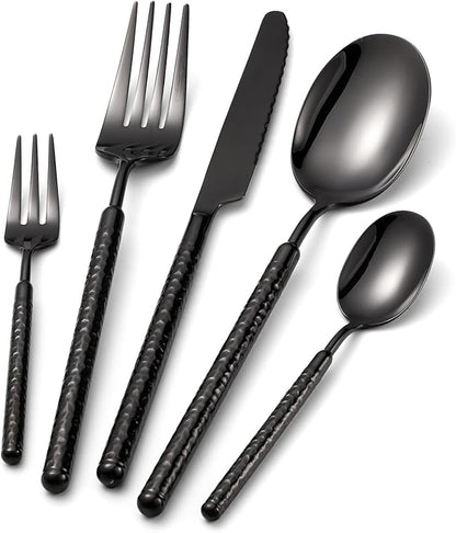 20-Piece Silverware Set, Stainless Steel Flatware Set for 4, Modern Hammered Utensil Tableware Set Include Dinner Knife/Fork/Spoon, Mirror Finish, Dishwasher Safe (10, black)