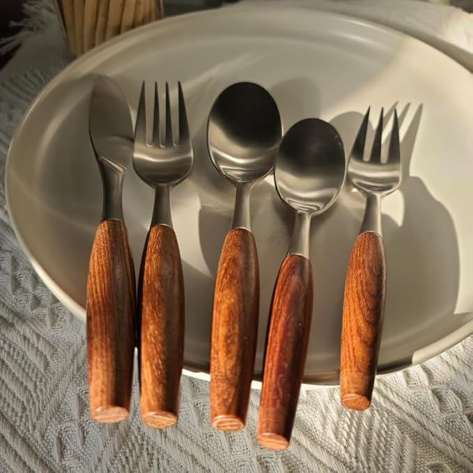 Silverware Flatware Cutlery Set, 5/20/30/40 Pieces Wooden Handle 304 Stainless Steel Table Knives, Forks And Spoons, Home Tableware, Restaurant Tableware(40 Pieces for 8)