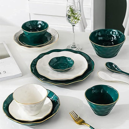 Dinnerware Set, Plates and Bowls Sets, Bone Porcelain Tableware Set With Plates Dish And Bowls, Green White Ceramic Dinner Set With Gold Rim For Home