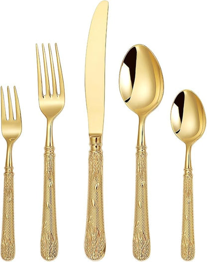 Luxury 20-Piece Wheat Ear Design Silverware Set, Premium 18/10 Stainless Steel Flatware, Serving 4. (Gold)