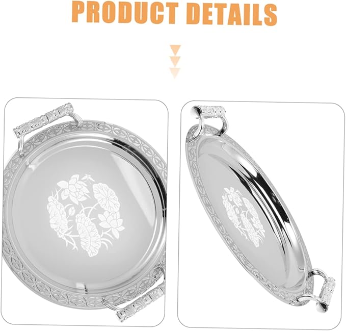 Stainless Steel Dessert Serving Tray with European Style Pattern Lightweight Portable Snack Plate for Fruit Candy and Dried Food Multi Use Tray for Kitchen Picnic and Dining