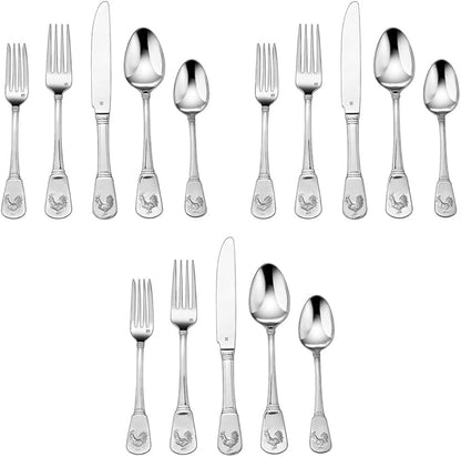 Cuisinart CFE-01-FR20 60-Piece Stainless Steel Flatware Set – French Rooster Pattern, Heavy-Gauge Handcrafted Silverware, Dishwasher Safe
