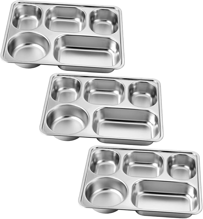 Luxshiny Stainless Plate Divided Serving Tray 3pcs Boys and Girls Cafeteria Tray Lunch Holder